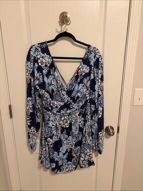 Lilly Pulitzer Navy Blue & Light Blue Floral Faux Wrap Romper